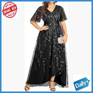Plus Size Formal Sequin V-Neck Long Dress with Slit Evening Gown
